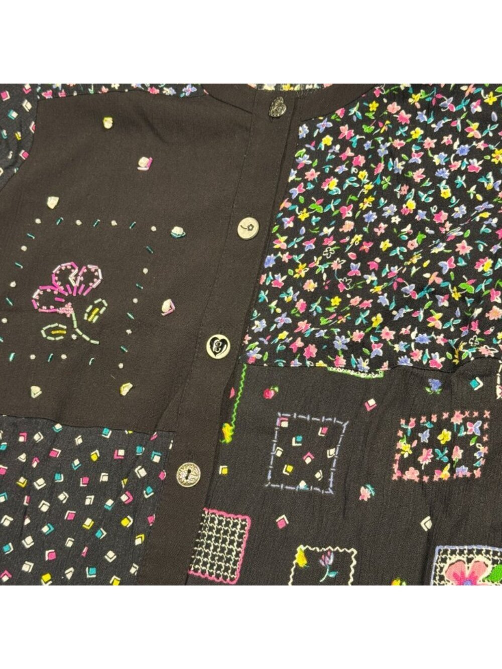 Y2K Floral Beaded Patchwork Cottagecore Button Blouse Grandma Chic Rayon Shirt - Picture 6 of 9